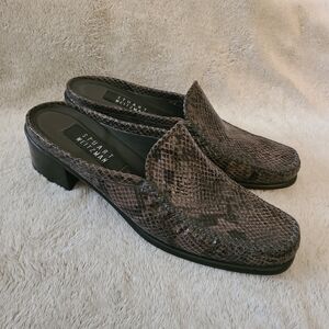 Stuart Weitzman Snake Print Leather Mule Block Heel Slip-On Shoes Gray 8